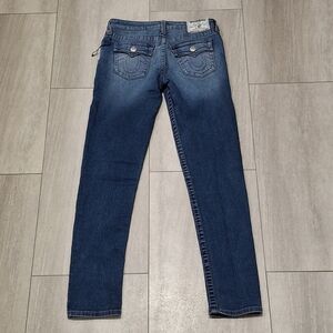 True Religion Low Rise Straight Leg Jeans Whit Red Stitch Size 14